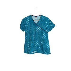Cherokee Womens Turquoise Polka Dot Scrub Top Size M 100% Cotton Short Sleeves